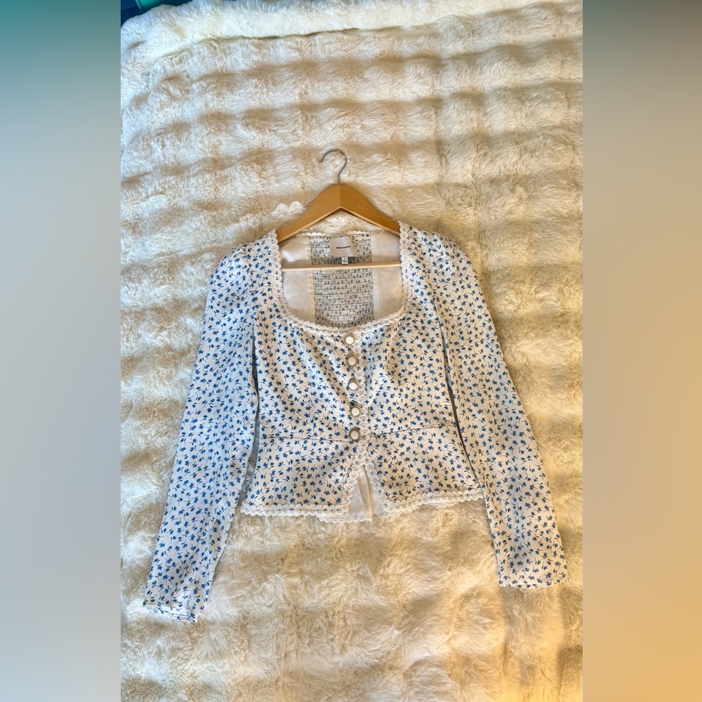 Reformation Cream Floral Button-Front Blouse with Blue Print - Picture 8 of 16